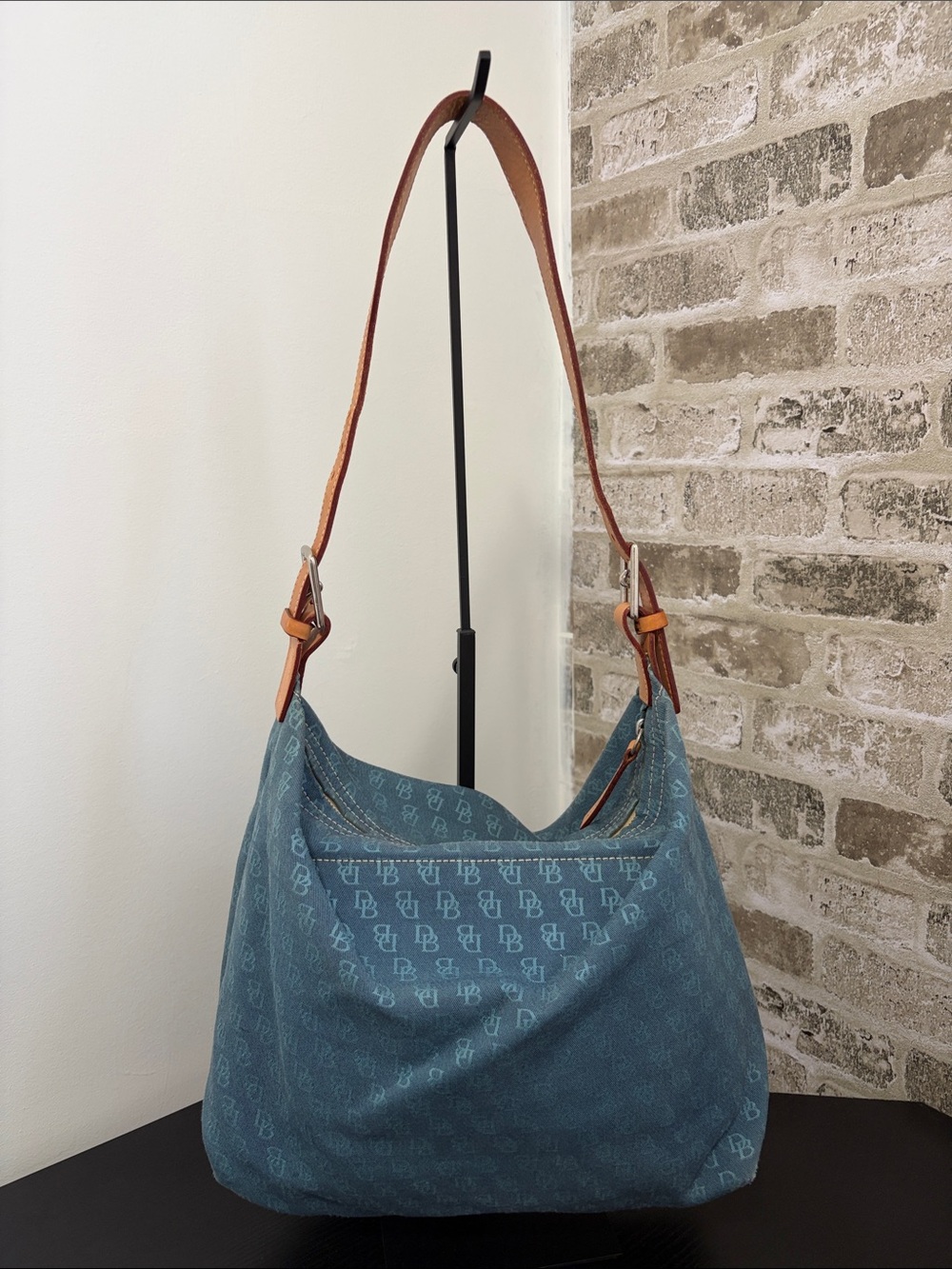Dooney & Bourke Blue Cloth Denim Monogram Shoulder Bag with Tan Strap
